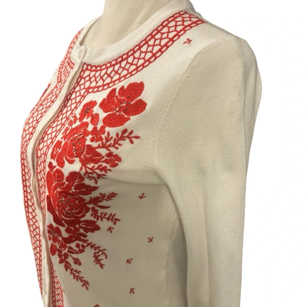 Charter Club White with Red Floral Embroidery Button up Sweater Small